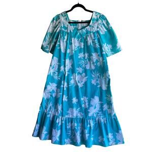 Aikane Vintage Women's Hawaiian Muumuu Trumpet Dress Floral Blue Teal Size XL